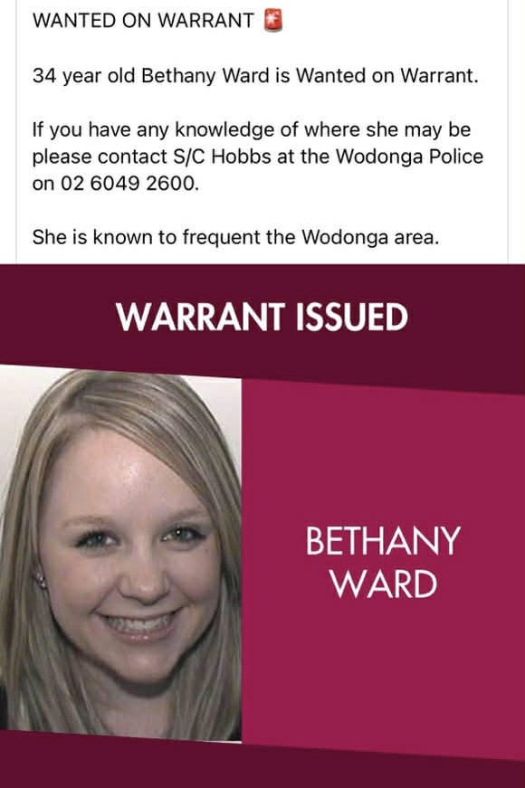 A police 'Warrant Issued' Warrant Wednesday post featuring Bethany Ward, shared publicly on social media